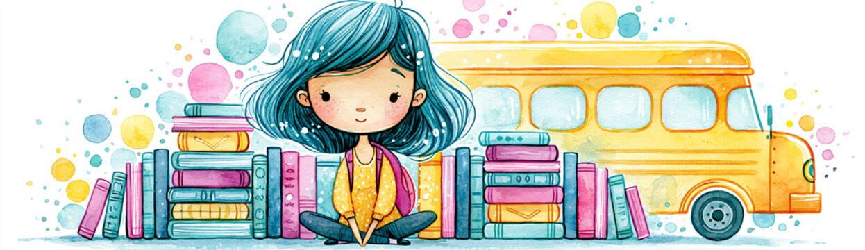 A girl sits cross-legged among stacks of books with a yellow school bus in the background, surrounded by colorful bubbles and a playful, whimsical design.