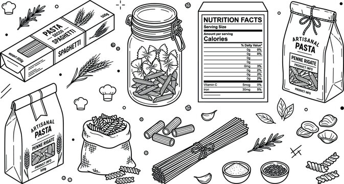 Isometric Italian Pasta Packaging and Grocery Element Set with Nutrition Facts Label Glass Jar and Loose Noodles for Culinary Vector Line Art