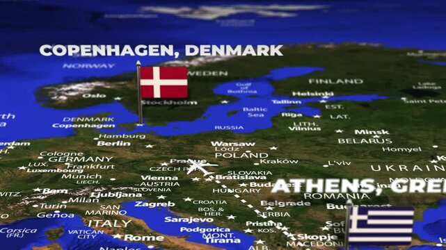Flight From Athens GREECE to Copenhagen DENMARK with flag pins