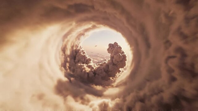 Swirling brown cloud vortex with bright light center and dramatic atmospheric motion in nature