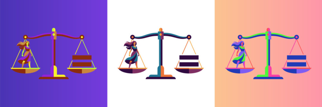 Womens equality day banner set, justice scale balancing woman figure with equals sign vector illustration