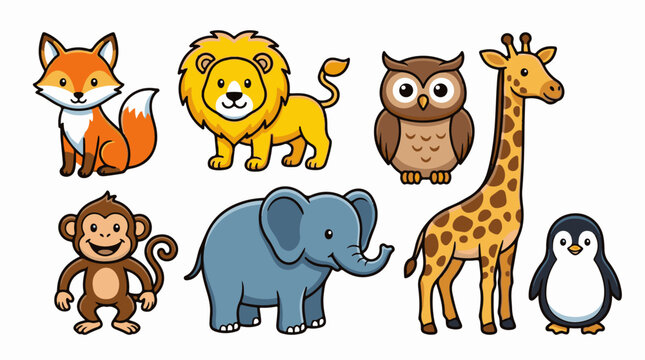 Adorable cartoon animals including a fox lion owl giraffe monkey elephant and penguin