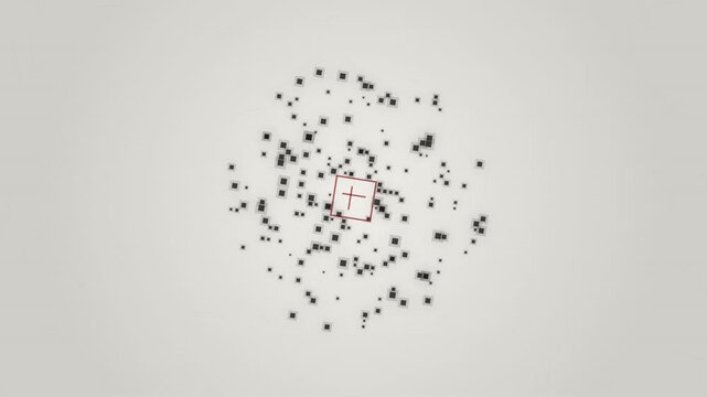 Abstract motion graphic with black digital pixels expanding on white