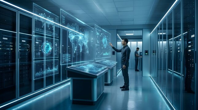 Professional IT Technicians Monitoring Global Data Network Security in a Modern High-Tech Server Room Facility