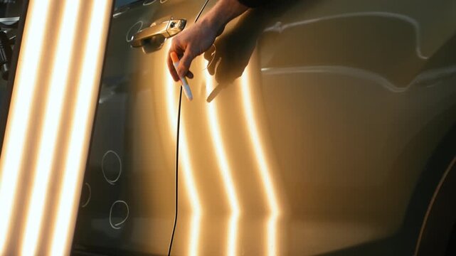 Close up shoot of Car after hail damage, dent marks in to Preparing process of Repairing Hail Damage in car body shop