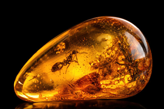 Golden Amber Stone with Preserved Ant and Spider Inclusions on Black Background