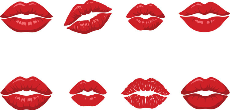 Red female lips collection with various shapes and kiss marks