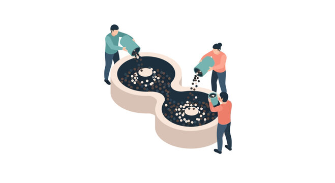 Team filling a large yin yang vector shaped pool with coins