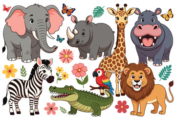 Obraz premium Variety of cute cartoon wild animals including an elephant, lion, giraffe, hippo, rhino, zebra, and crocodile among colorful flowers.