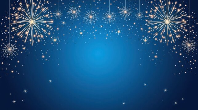 Fireworks bloom across the upper frame of a deep blue background to provide a festive border for holiday greetings, event posters, and celebratory announcements with a clean central area.