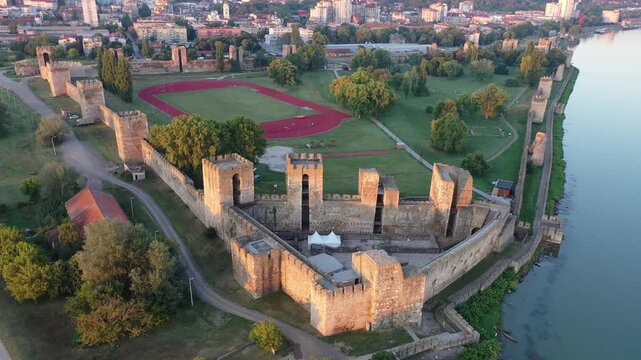 Aerial view of Smederevo Fortress beside Danube River in Serbia