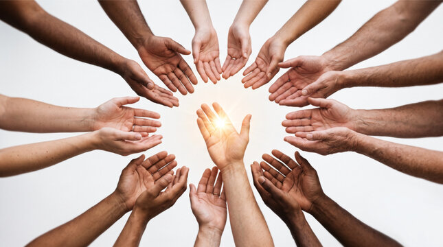 Collection of diverse human hands in various skin tones reaching out in a circle towards a central hand illuminated by bright glowing light, symbolizing unity, hope, support, and global togetherness.