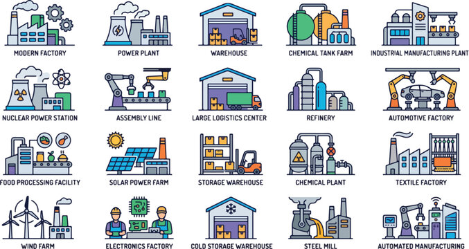 Industrial Factory and Manufacturing Plant Icon Set | Modern Colorful Line Art Design Featuring Power Stations, Logistics Warehouses, Assembly Lines, and Renewable Energy Facilities, Isolated Vector C
