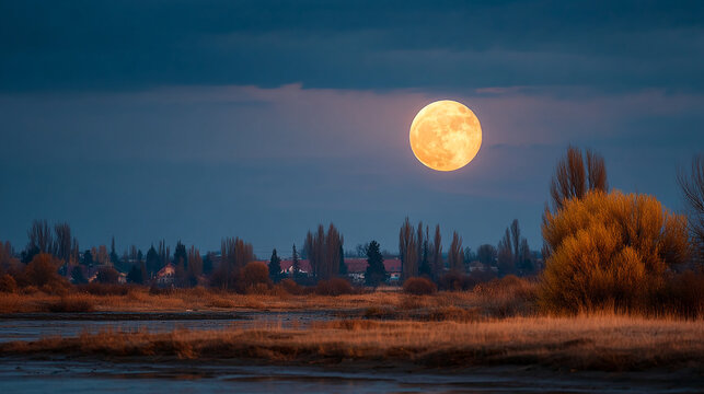 Full moon rising over a dark landscape with a field and distant trees, landscape