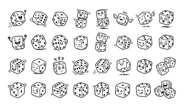 Hand Drawn Dice Sketch Vector Set with Playful Cube Characters