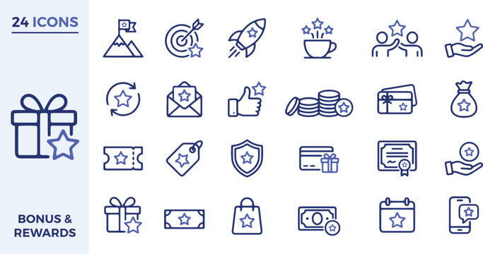 Bonus and rewards 24 icon set including gift box, trophy, badge, star, coupon, gift card, crown, medal and percentage tag. loyalty, prize incentive icons promotion, membership customer reward program