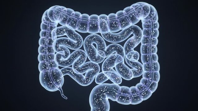 半透明の腸管内で栄養素の粒子が分散していくミクロCGアニメーション