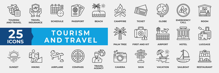Fototapeta premium Tourism and Travel icon set. Containing tourism, travel, holiday, schedule, passport, beach, campfire, ticket, globe, emergency call, airport, hotel and calendar. Simple Line Vector Illustration.