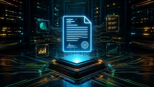 Digital Contract Management and Smart Agreements secure Future Transactions across Global Data Networks, ideal for Cybersecurity and Legal Tech.