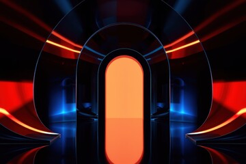 Fototapeta premium Futuristic corridor design. Dramatic lighting creates intense visual impact. Red, blue hues dominate sleek architecture. Reflective surfaces enhance depth.