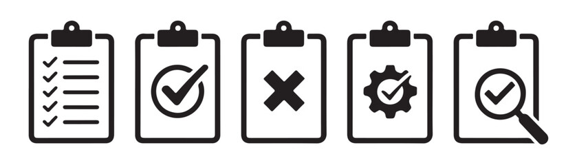 Clipboard icons set with checklist check mark cross gear and magnifying glass symbol for business app. © Abu