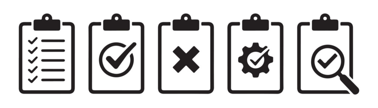 Clipboard icons set with checklist check mark cross gear and magnifying glass symbol for business app.