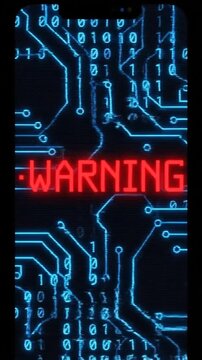 Digital glitch footage featuring warning signs and distorted circuit patterns evoking cybersecurity alerts and futuristic