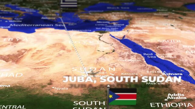 Flight From Athens GREECE to Juba SOUTH SUDAN with flag pins