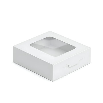 Empty white cardboard box with window display in a studio setting. Product packaging mockup with simple design for use in advertising or marketing materials.