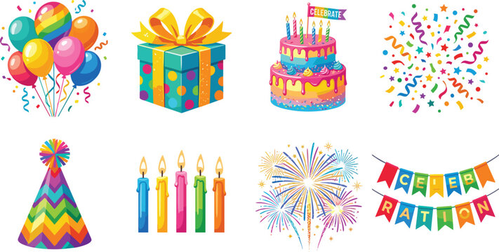 Birthday Celebration Vector Collection Set Featuring Colorful Balloons Gift Box Cake Fireworks and Party Bunting
