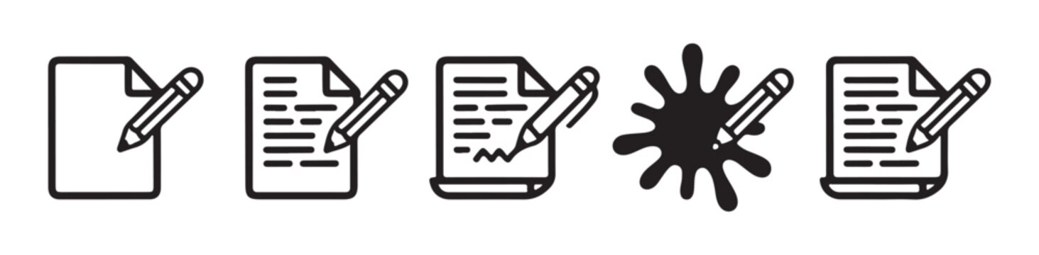 Paper with pencil icons collection including text documents and ink splash elements vector silhouettes.