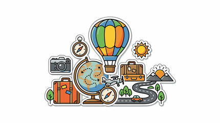 Fototapeta premium Assorted travel icons hot air balloon globe suitcases plane car sun mountains