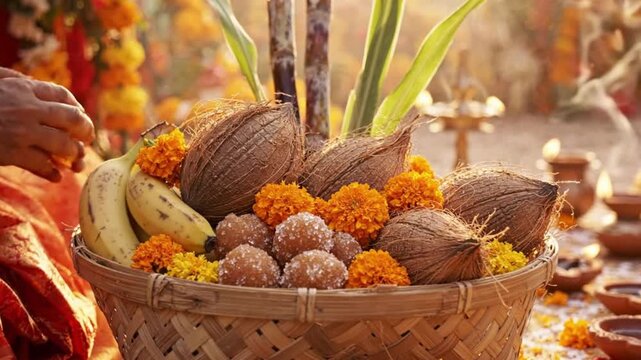 Close up of traditional Chhath Puja prasad basket with coconuts, bananas, and homemade sweets