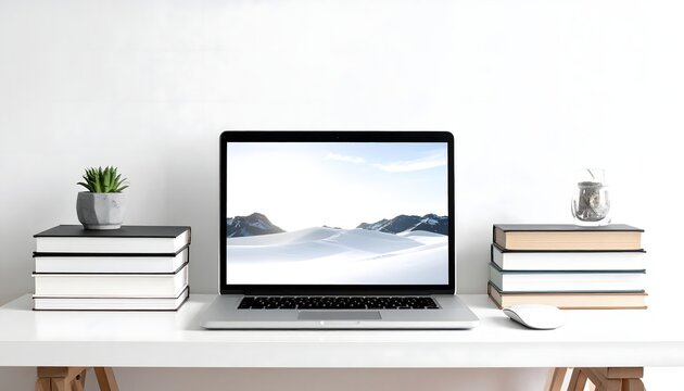 Port&aacute;til sobre escritorio blanco con libros apilados y decoraci&oacute;n minimalista en espacio de trabajo limpio y moderno