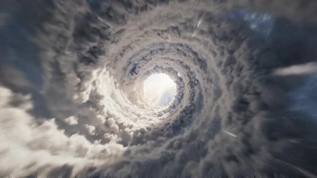 Dramatic swirling storm cloud vortex with bright light in the center atmospheric weather phenomenon