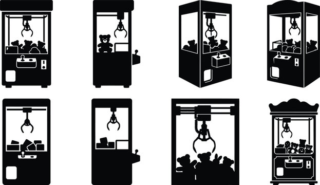 Set of claw crane game machines with plush toys isolated on transparent background.