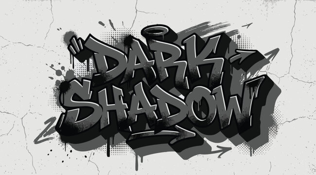Dark shadow graffiti lettering on a cracked concrete wall