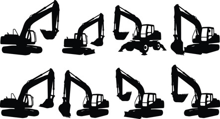 Heavy construction excavator machinery silhouettes in different working angles. © jim's Cafe