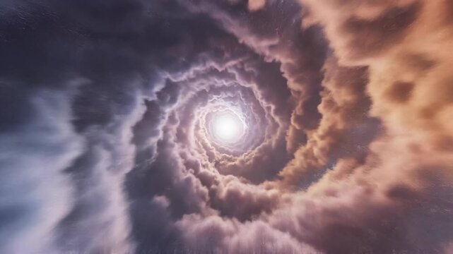 Swirling cloud vortex with bright light center in dramatic sky at sunset or sunrise