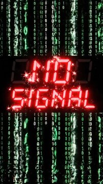 Digital glitch with warning messages and cascading binary code in a futuristic data stream