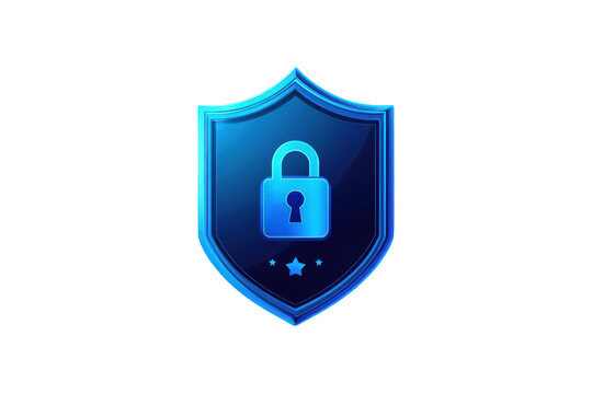 Blue shield with padlock icon representing digital cybersecurity, internet data privacy, and online network protection against threats