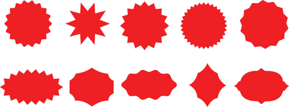 Modern Red Starburst Badge Collection with Circle Sticker Labels, Wavy Edge Sale Tags, Price Burst Icons, Promotional Discount Shapes Isolated on White Background Vector Set