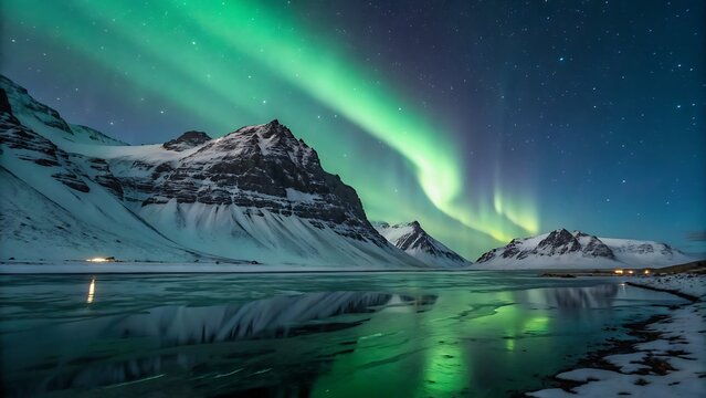 Northern lights dancing over snowy mountain cove with aurora reflection in water