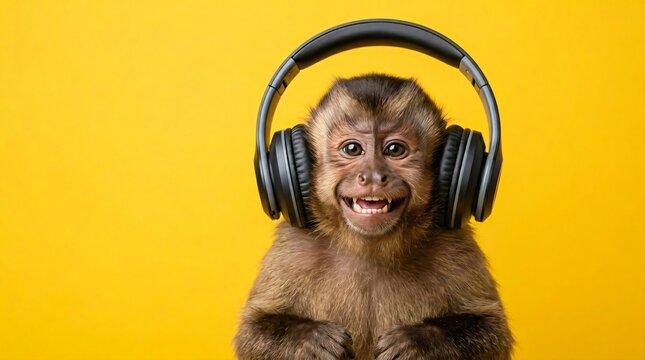 Capuchin monkey wearing large headphones listening to music. Cute animal with headset on yellow background. Funny primate character for creative poster and digital media content.