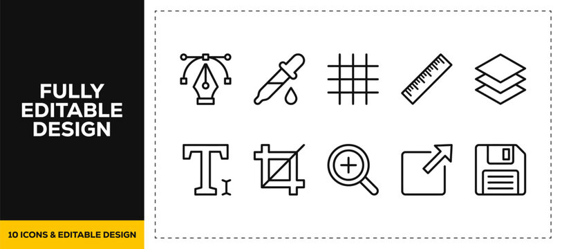 flat vector illustration line art icon bundle set design displaying graphic design tools pen typography ruler color palette and layout symbols for creative interfaces