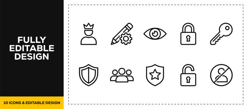 flat vector illustration line art icon bundle set design showcasing user management team profile group security key and administration graphics for corporate platforms