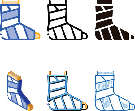 Leg Foot Gipsum Bandage Orthopedic Vector Icon Thin Line. Orthopedic And Trauma Rehabilitation, Belt And variety Walkers Concept Linear Pictogram. Medical Rehab Goods