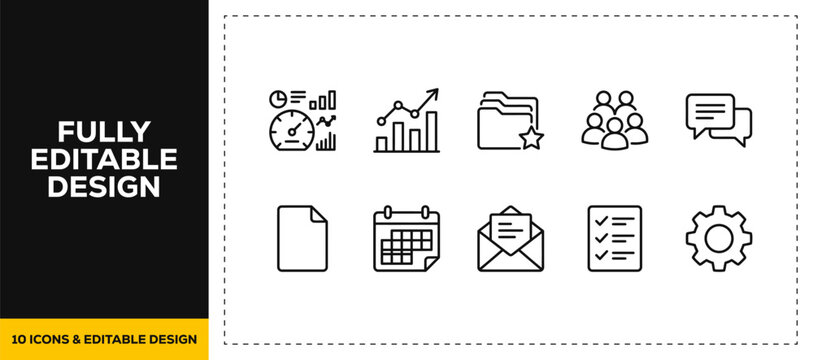 flat vector illustration line art icon bundle set design showcasing corporate business management office calendar mail chart and teamwork communication concept interface