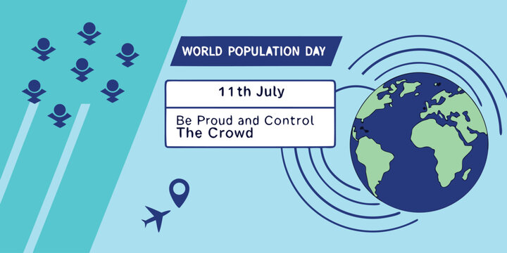 World Population Day vector banner design with green earth globe, people crowd icons, airplane silhouette and slogan on July 11th