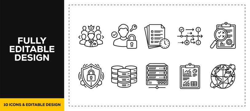 flat vector illustration line art icon bundle set design covering network infrastructure server database cloud storage and shield graphics for information tech solutions